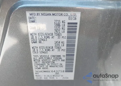 2016 Nissan Pathfinder Sv z USA, uszkodzony, nr VIN 5N1AR2MN6GC643758